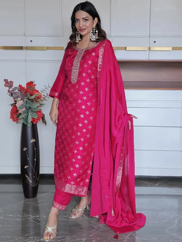 Stylish Fit Magenta Woven Design Silk Blend Straight Suit With Dupatta