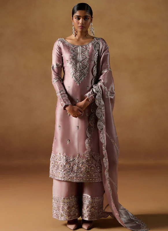 Sporty Wear Dusty Pink Embroidered Tissue Palazzo Suit