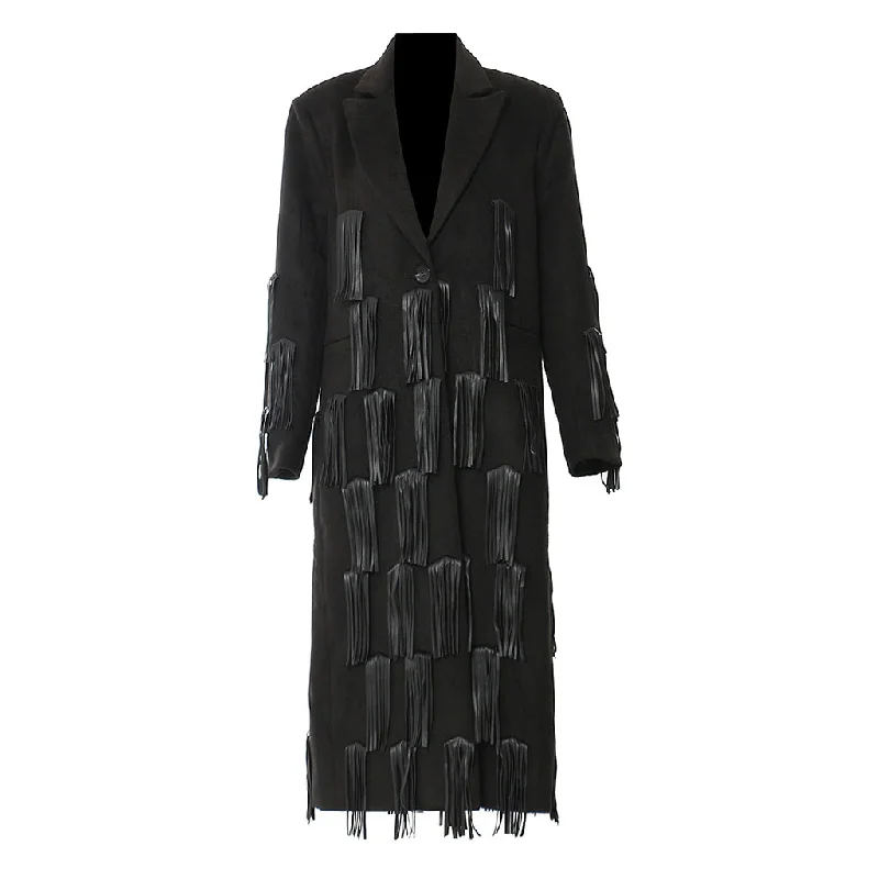 Comfortable Chic Offbeat Lapel One Button Long Sleeve Longline Leather Fringe Blazer Coat