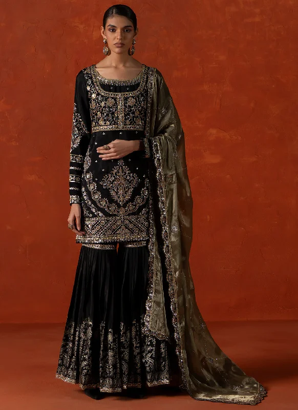 Breathable Style Black and Light Green Embroidered Gharara Suit
