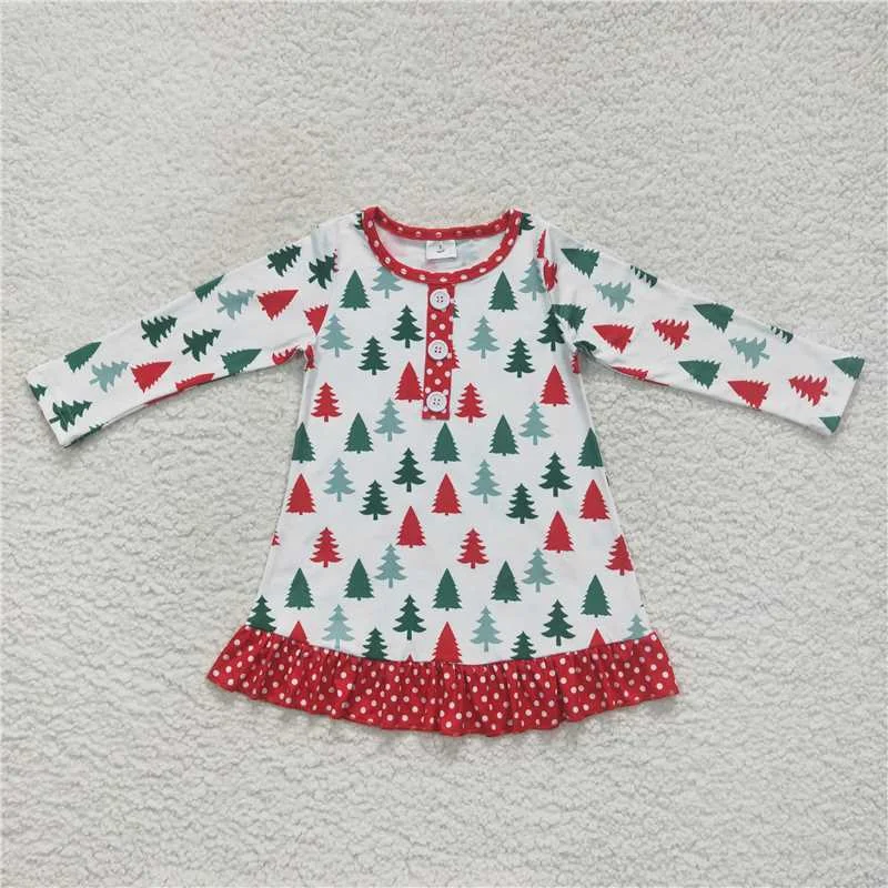 All-Day Outfits GLD0404 Baby Girls Christmas Tree Long Sleeve Knee Length Dresses
