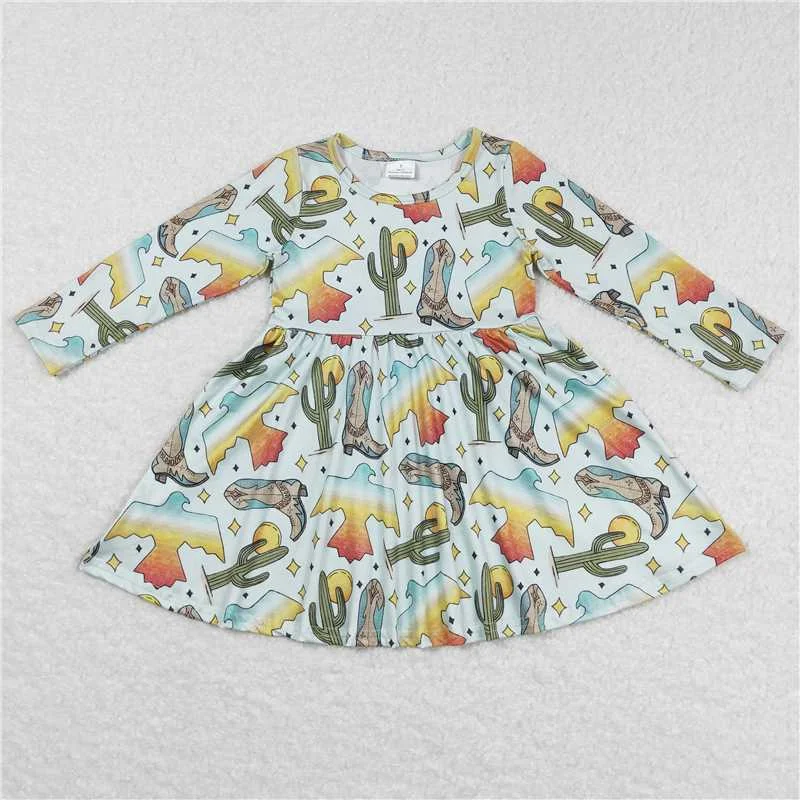 Versatile Style GLD0349  Baby Girls Western Birds Boots Cactus Knee Length Dresses