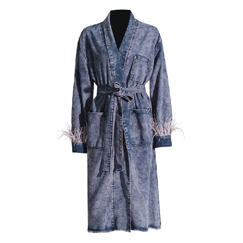 Relaxed Jackets Vintage Shawl Collar Feather Long Sleeve Belted Acid Wash Denim Trench Coat