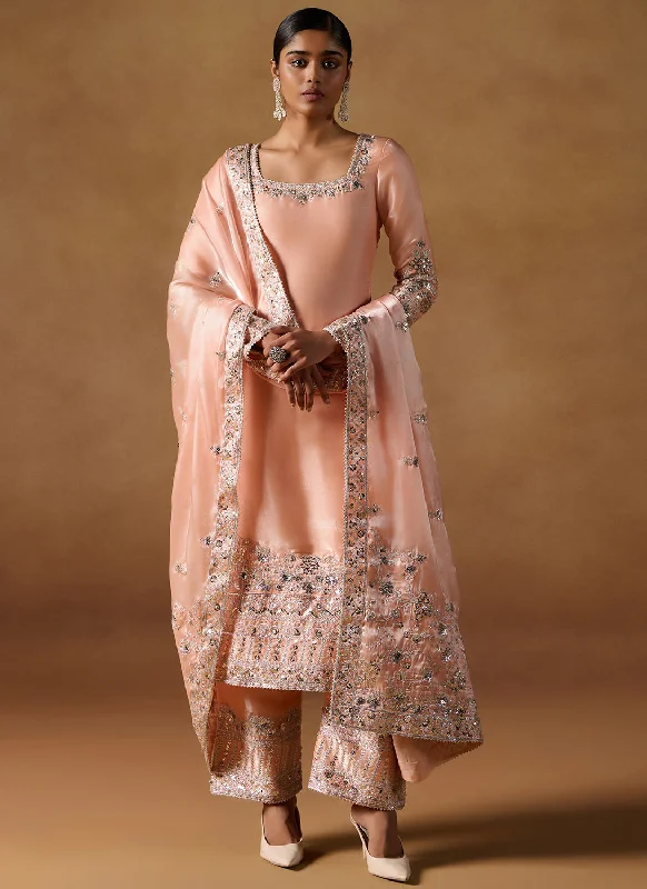 Relaxed Jackets Peach Embroidered Tissue Palazzo Suit