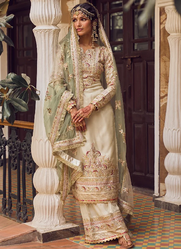 Soft Looks Cream and Light Green Embroidered Palazzo Suit
