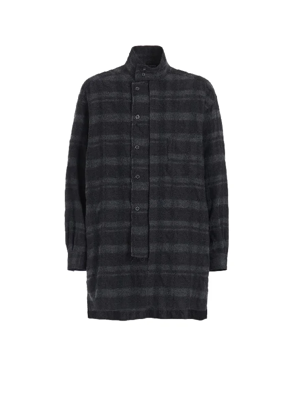 Cozy Lounge Wear FULLING FINISHED SHADOW CHECK MULTI-BUTTONED SLEEVES STAND COLLAR SHIRT