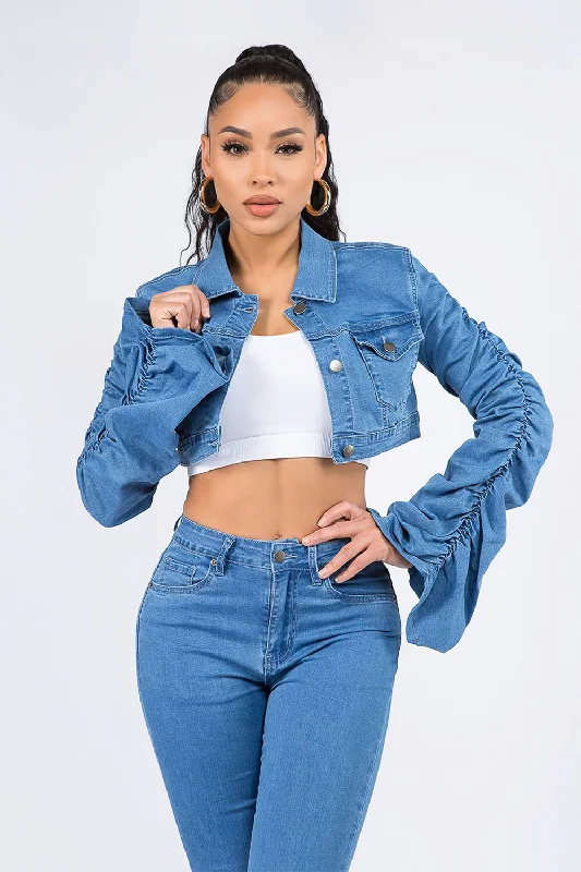 Cozy Knits Women's Scrunched Bungee Sleeve Cropped Denim Jacket
