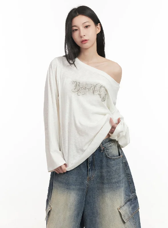 Soft Textures Loose-Fit Graphic One-Shoulder Top CF514