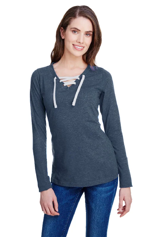 Relaxed Weekend Wear LAT Womens Fine Jersey Lace Up Long Sleeve V-Neck T-Shirt - Vintage Navy Blue