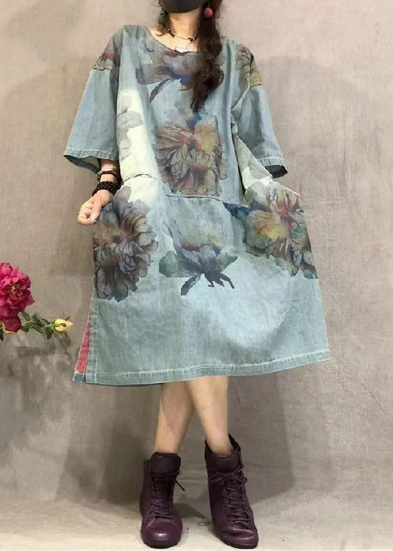Soft Comfort Loose Blue O Neck Print Side Open Denim Dress Summer