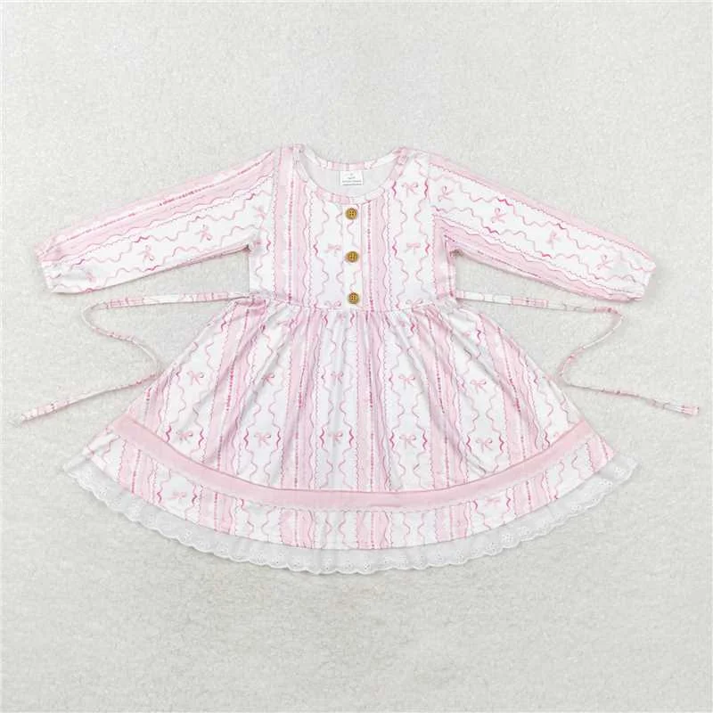 Trendy Layers GLD0546 Baby Girls Pink Bows Long Sleeve Knee Length Dresses