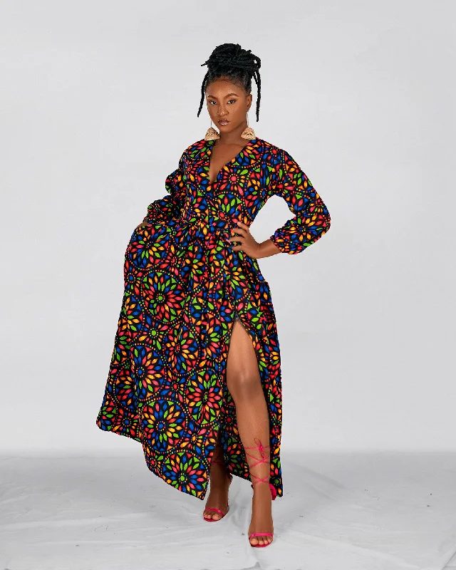 Elegant Fit Didi  Ankara Maxi Dress | Brown  Multicolor African Floral Print