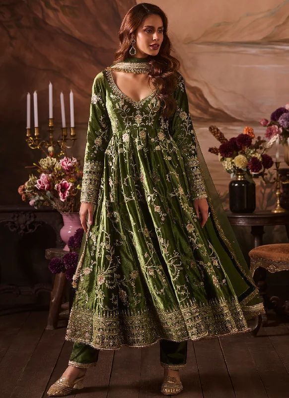 Trendy Comfort Wear Green Embroidered Velvet Anarkali