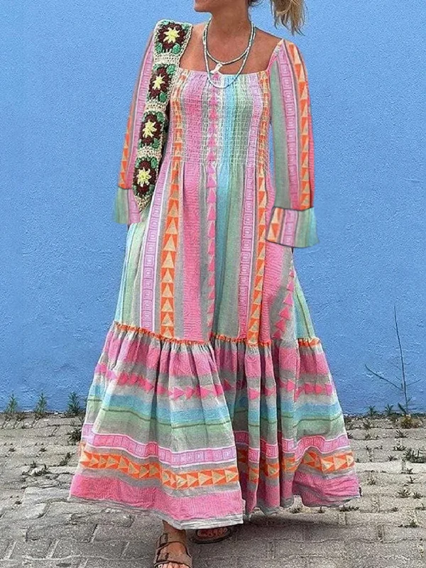 Comfortable Fashion Looks Coral Pink Ruffled Multicolor Striped Maxi Dress with Long Sleeves