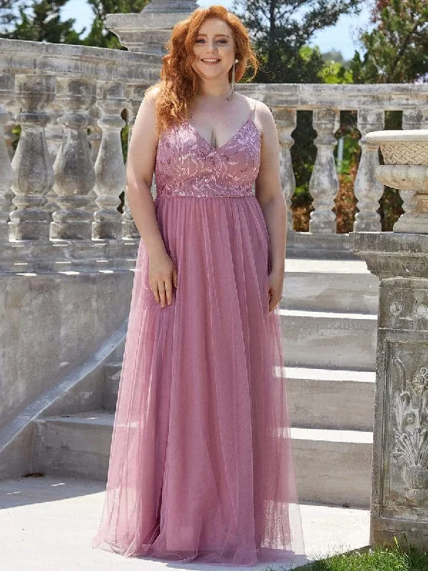 Soft Casuals Plus Size Soft Spaghetti Straps V-Neck Embroidery Evening Dress