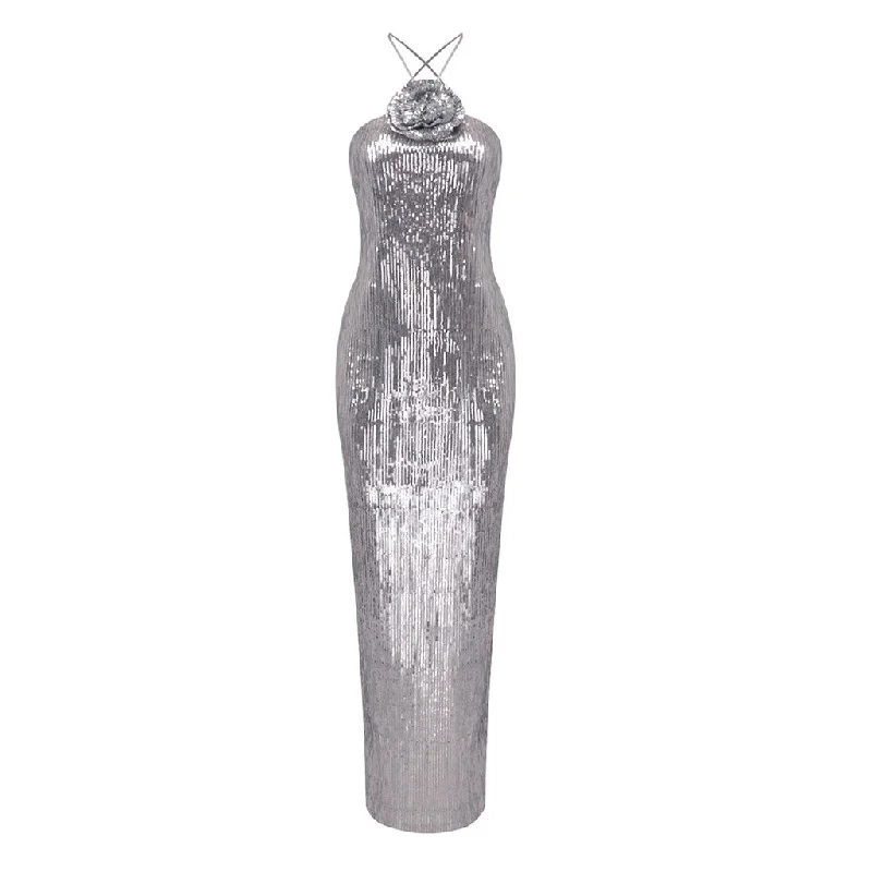 Cozy Outerwear Luxurious Rosette Halter Tie Backless Metallic Sequin Maxi Evening Dress
