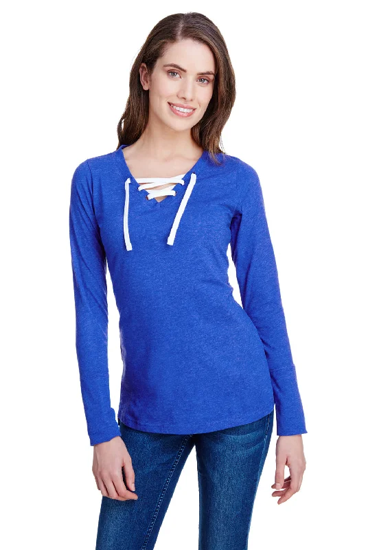 Casual Chic Looks LAT Womens Fine Jersey Lace Up Long Sleeve V-Neck T-Shirt - Vintage Royal Blue