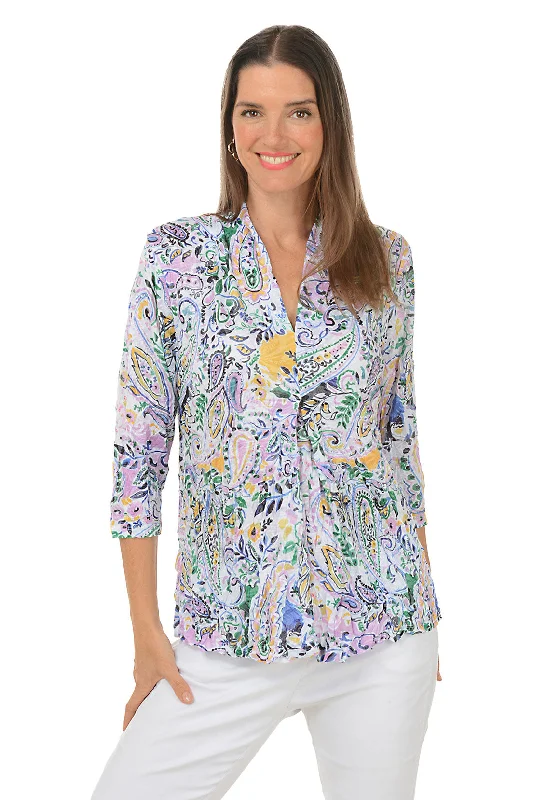Simple Looks Paisley Vines Crinkle Pleated Front Top