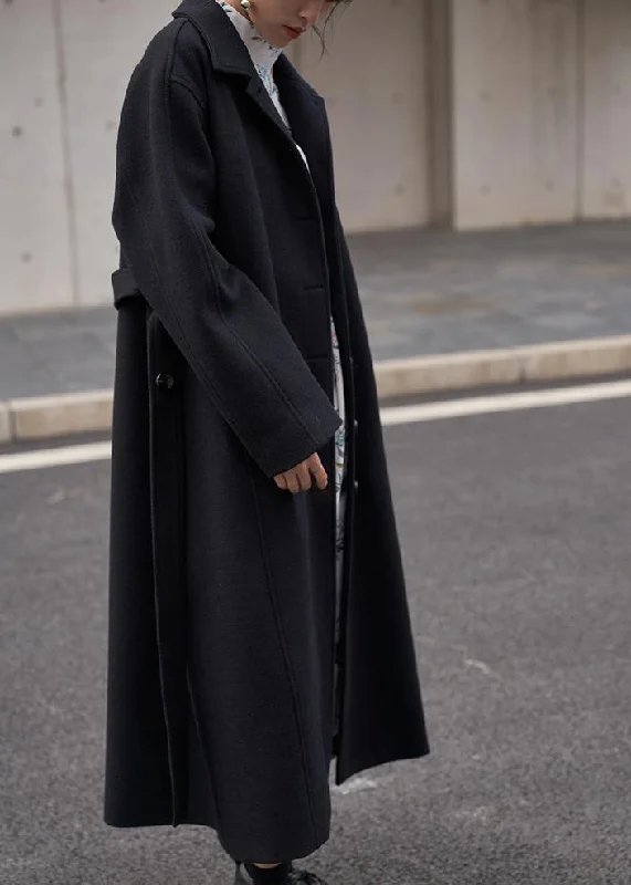 Breathable Style Fine oversize long coats  women black Notched tie waist Wool jackets