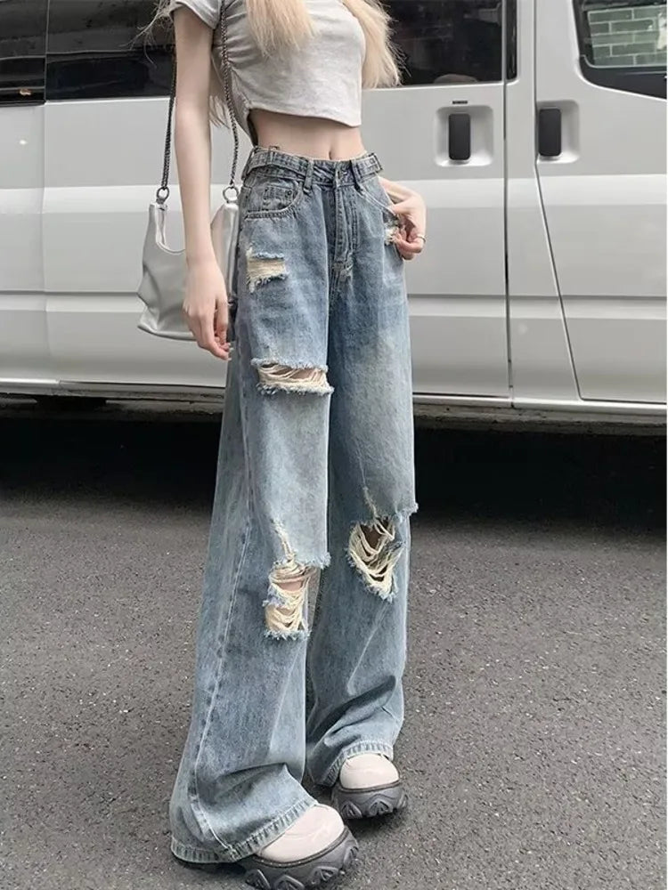 Casual Comfort Wear DressBetty - 2024 Summer Holes High Waist Retro Jeans