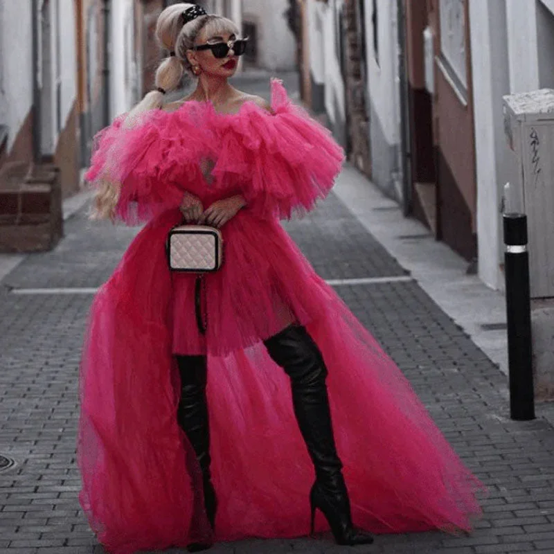 Light Dressing Glorious Deep V Neck Flutter Sleeve Cutout Flounced Layered Tulle High Low Evening Dress