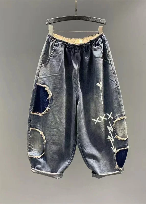 Breathable Style DIY Blue Pockets Patch Elastic Waist Denim Pants Summer