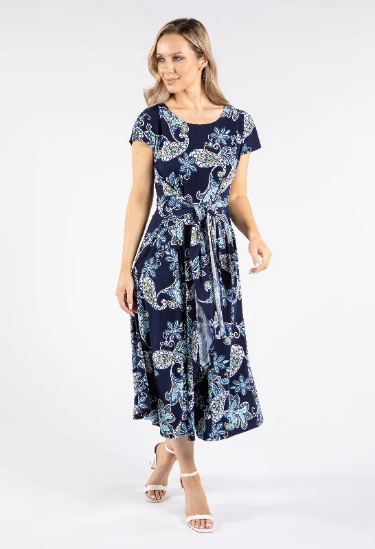 Comfortable Lifestyle Belted Front Abstract Print Midi Dress