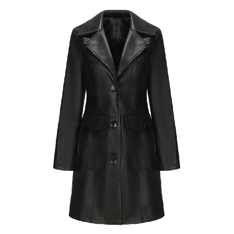 Comfy Chic Wear Luxury Lapel Collar Long Sleeve Button Up Cinch Waist Vegan Leather Trench Coat