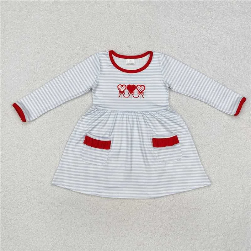 Casual Ease GLD0884  Baby Girls Valentines Hearts Grey Stripes Knee Length Dresses