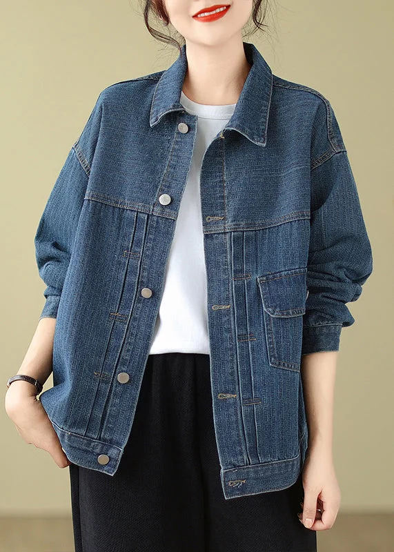 Casual Comfort Wear New Blue Peter Pan Collar Pockets Denim Coat Fall