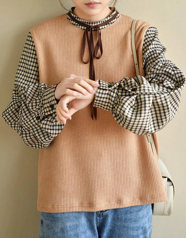 Breathable Style Italian Plaid Vacation Patchwork Cotton Stand Top