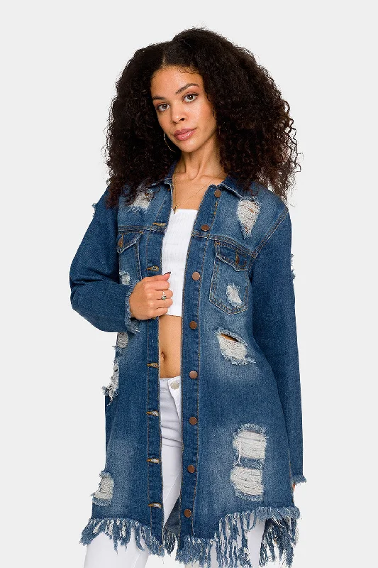 Stylish Jackets Long Distressed Denim Jean Jacket