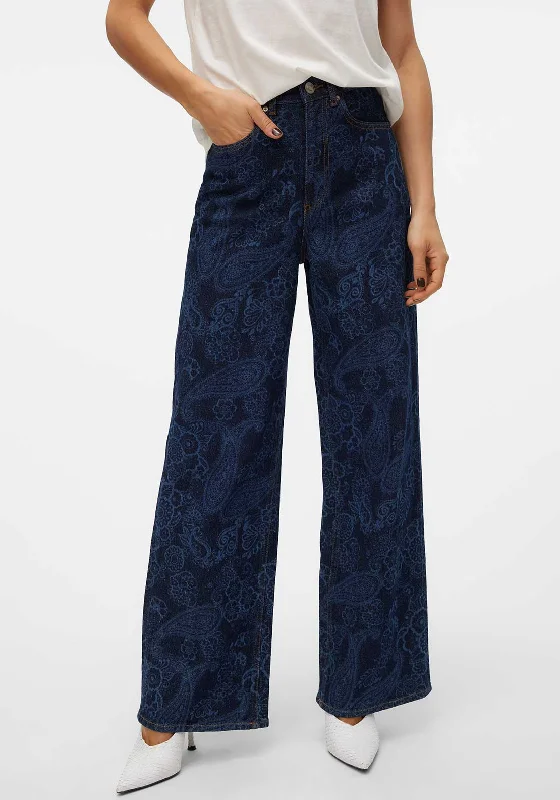 Classic Comfort Vero Moda Kathy Paisley High Rise Wide Leg Jeans, Dark Blue Denim