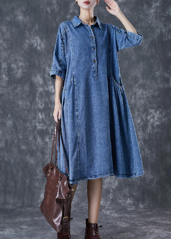 Soft Relaxation Wear Handmade Blue Peter Pan Collar Denim A Line Dresses Half Sleeve