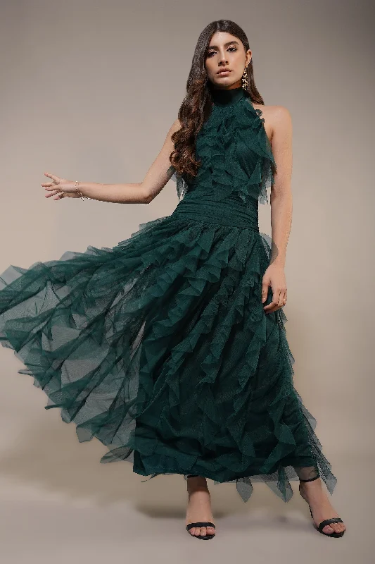 Soft Relaxation Wear Tabitha Maxi Ruffle Dress in Forest Green