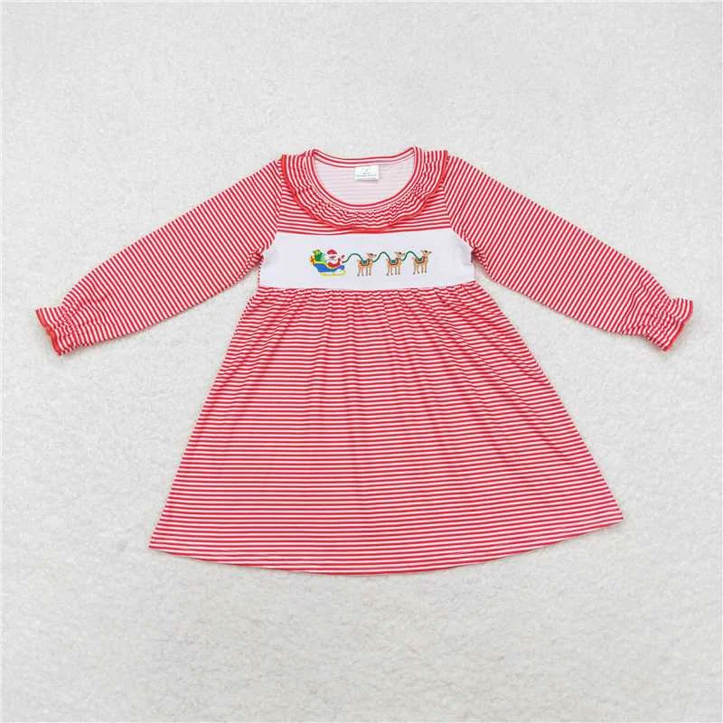 Soft Textures GLD0632  Baby Girls Red Stripes Santa Deers Knee Length Dresses