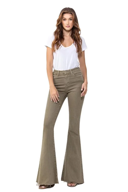 Elegant Fit High Rise Super Flare Green Denim Jeans