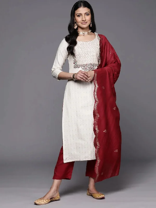 Relaxed Chic Off-White Yoke Design Cotton Straight Kurta With Trousers & Dupatta