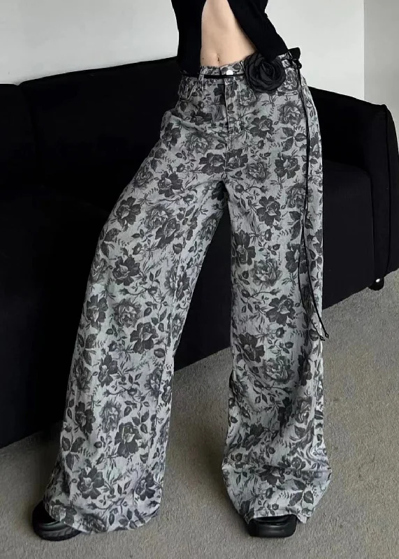 Fashion Comfort Stylish Grey Print Pockets Denim Wide Leg Pants Fall