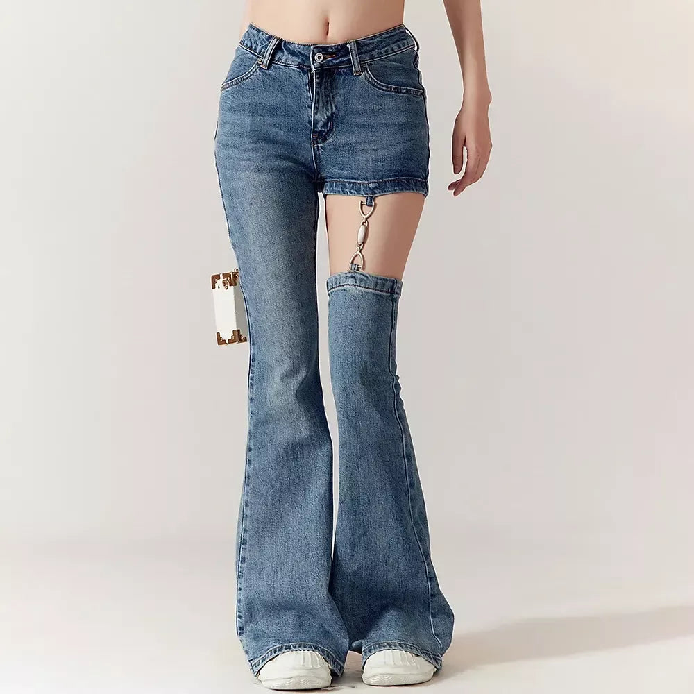 Comfortable Tops High Waist Hollow Out Chain Spliced Slim Flare Jeans