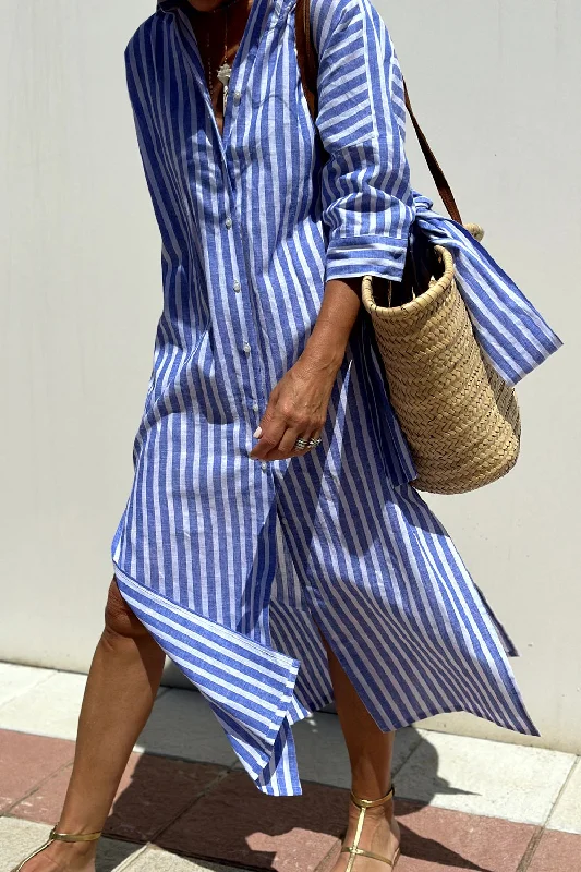 Soft Trends Popular Style Stripes Shirtdress with Three-Quarter Sleeve