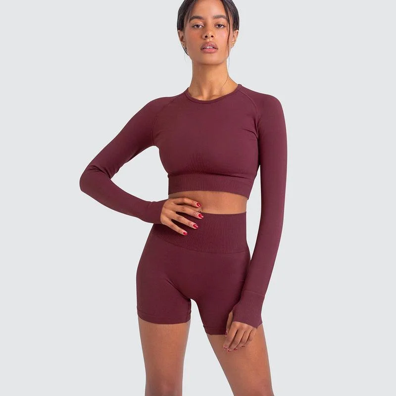 Long Sleeve Shorts Suit-Wine Red