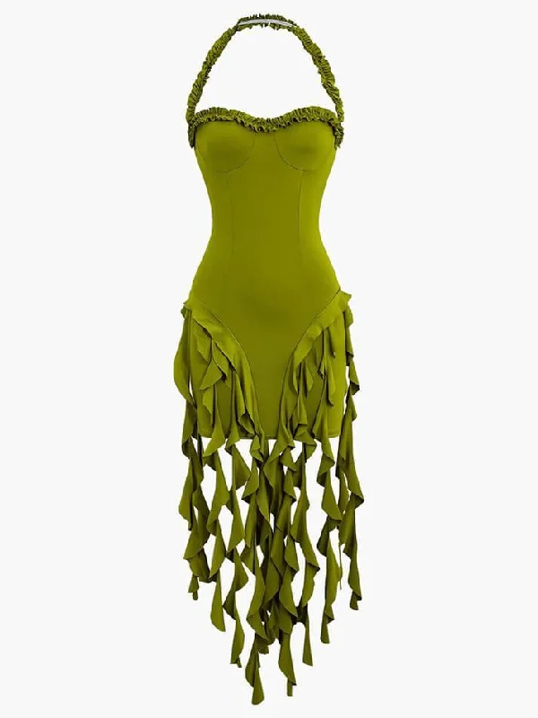 Light Layers Ruffle Tassel Halter Bustier Mini Dress