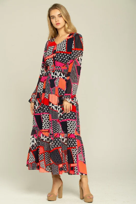 Stylish Fit Black Orange Red Mixed Prints Maxi Dress