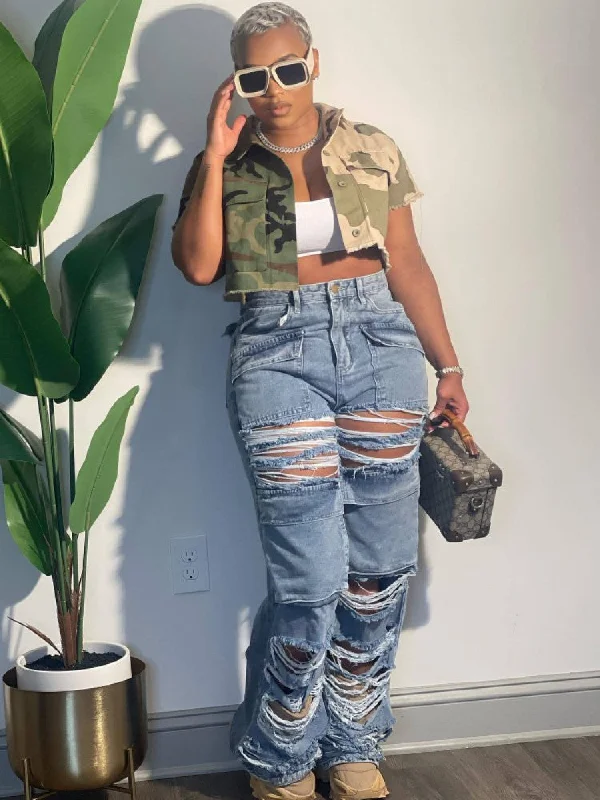 Comfortable Fitwear Distressed Denim Pocket Cargo Jeans