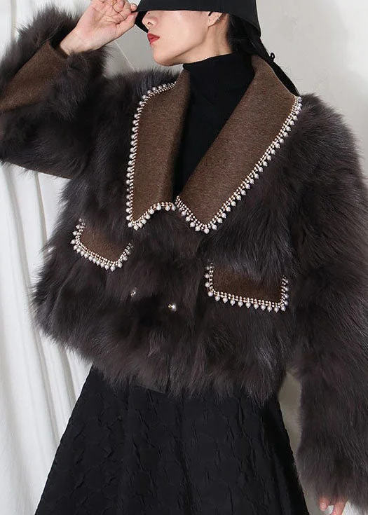 Casual Comfort Wear French Chocolate Peter Pan Collar Patchwork leather and fur coats Winter