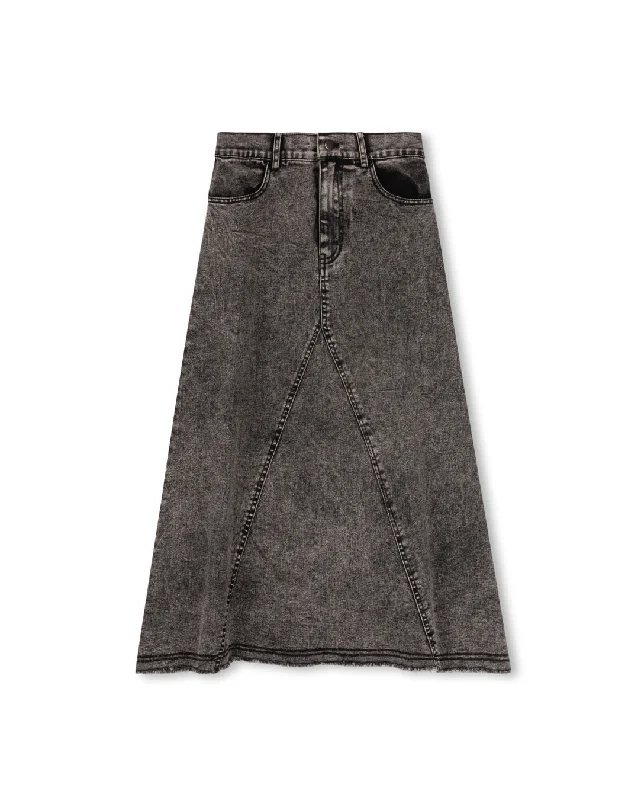 Versatile Casuals VIBE BLACK DENIM FRINGE HEM DENIM MIDI SKIRT