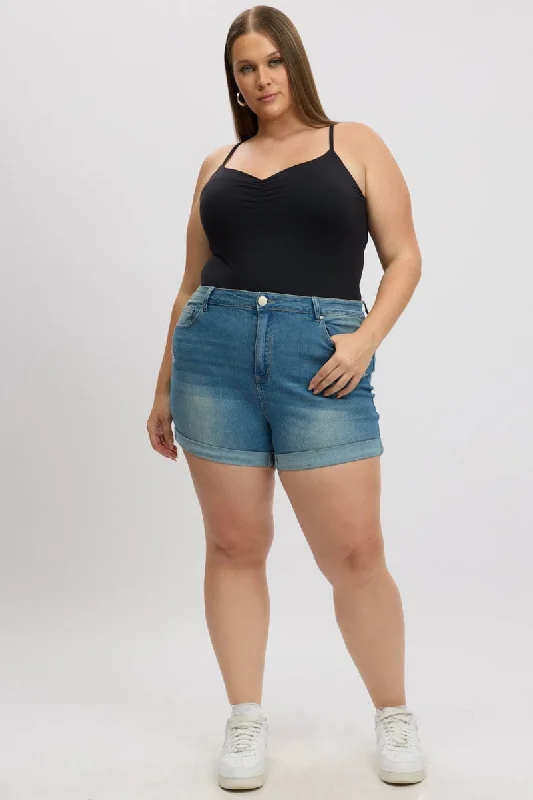 Warm Layers Denim Skinny Shorts High Rise Stretched