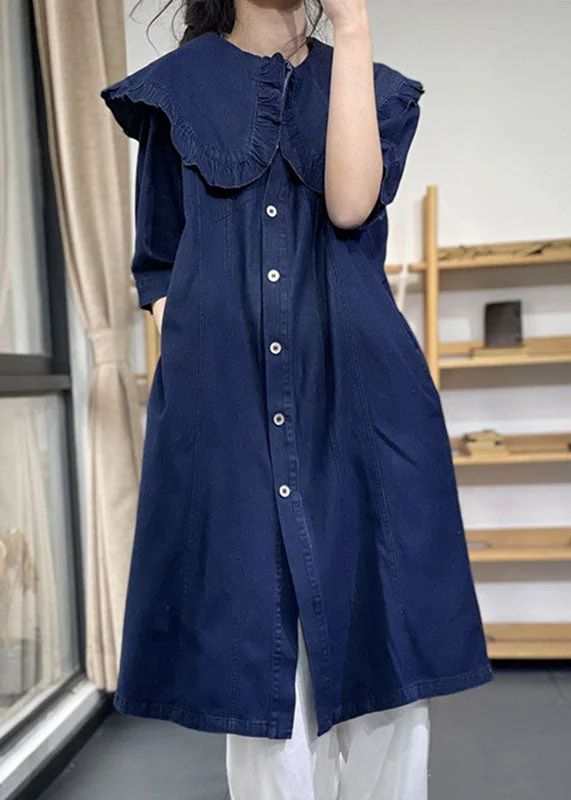 Stylish Jackets Plus Size Denim Blue Peter Pan Collar Ruffled Cotton Vacation Dresses Short Sleeve