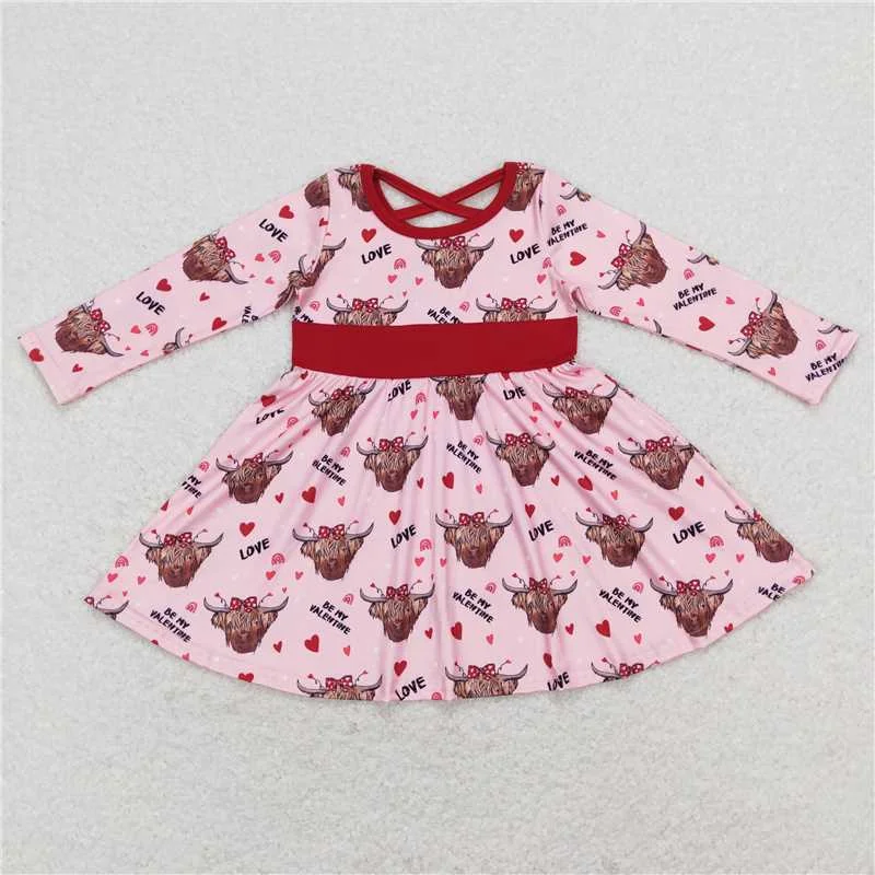 Everyday Outfits GLD0479  Baby Girls Valentines Western Cow Hearts Long Sleeve Knee Length Dresses